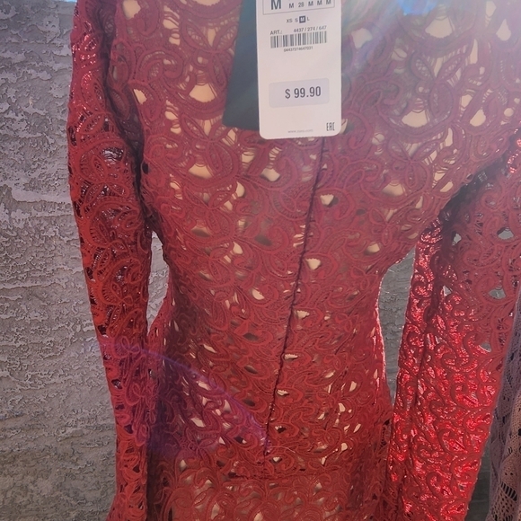 Zara Woman Peplum Lace Dress Burgundy‎ Dark Red - Picture 8 of 8